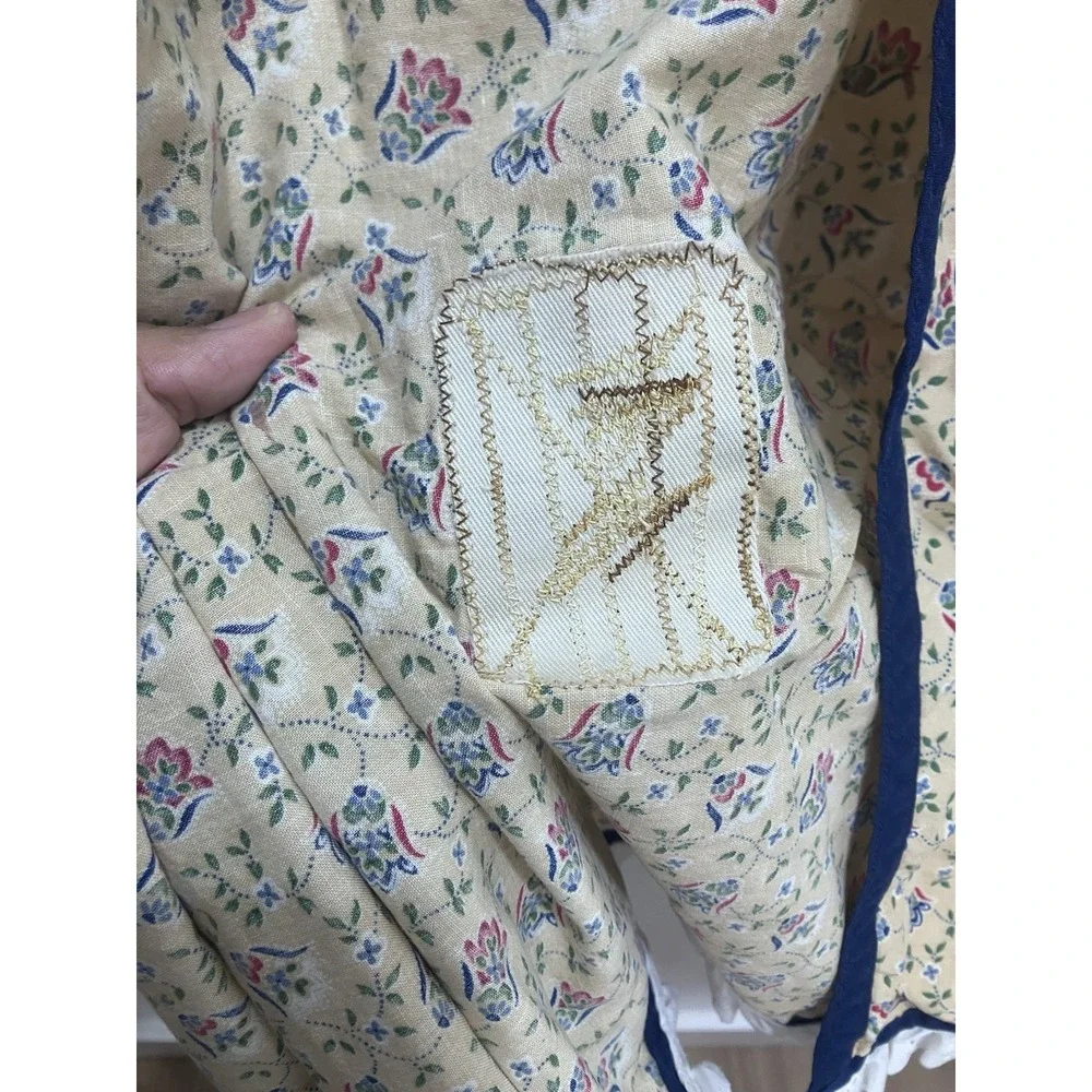 Beige Multicolor Floral Cotton Pinafore Apron Vintage Pocket Adults OS Patched